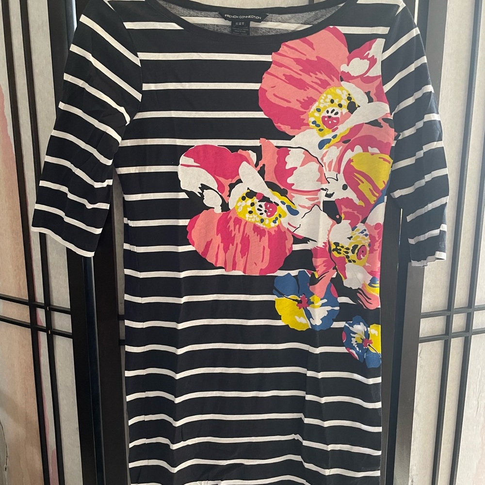 French Connection Black and Pink Floral Striped Dress